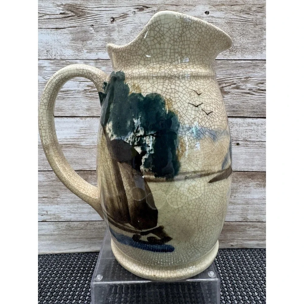 1940 Japanese Ceramic Pitcher 6 Tumbler Set Hand Painted Village Scene Showa VTG